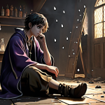 **A character resembling a young alchemist or time traveler from Reverse: 1999 sits alone, looking reflective and regretful, surrounded by scattered, fading Clear Drops and Sharpodonty, almost like digital dust. In the background, ghostly, enticing gacha banners for characters they impulsively pulled shimmer, representing wasted resources. The scene conveys a moment of painful realization and a "lesson learned." Soft, melancholic lighting. Digital painting, highly detailed, expressive, regret, turning point.**