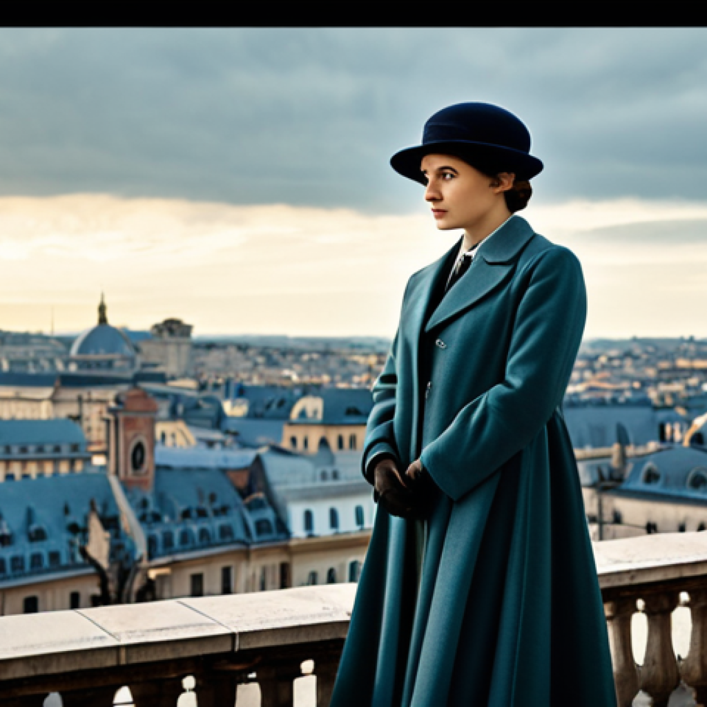 A time-traveling historian, female, in a sophisticated, modest 1920s-inspired coat and professional dress, stands amidst a cityscape where ancient European architecture seamlessly blends with subtle retro-futuristic elements, symbolizing historical depth and temporal shifts. The scene evokes a sense of mystery and wonder, with a soft, diffused light. Perfect anatomy, correct proportions, natural pose, well-formed hands, proper finger count, natural body proportions, professional photography, high quality, fully clothed, modest clothing, appropriate attire, professional dress, safe for work, appropriate content, family-friendly.
