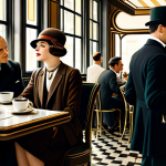 **

"A stylish Art Deco café scene, circa 1920s, with a touch of steampunk. Elegant patrons in flapper dresses and men in tailored suits with subtle mechanical enhancements are enjoying coffee. In the background, a glimpse of a time-traveling device. Fully clothed, appropriate attire, safe for work, perfect anatomy, natural proportions, professional illustration, high quality."

**