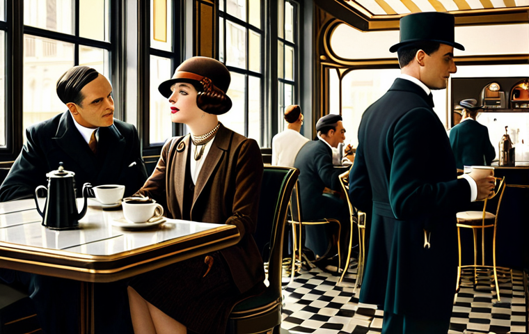 **
"A stylish Art Deco café scene, circa 1920s, with a touch of steampunk. Elegant patrons in flapper dresses and men in tailored suits with subtle mechanical enhancements are enjoying coffee. In the background, a glimpse of a time-traveling device. Fully clothed, appropriate attire, safe for work, perfect anatomy, natural proportions, professional illustration, high quality."
**