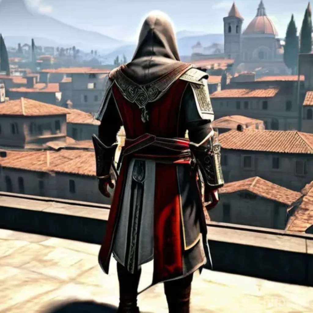 리버스 1999 최신 업데이트 내용 - **"Ezio Auditore in Reverse: 1999's distinctive art style, standing heroically on a rooftop overlook...