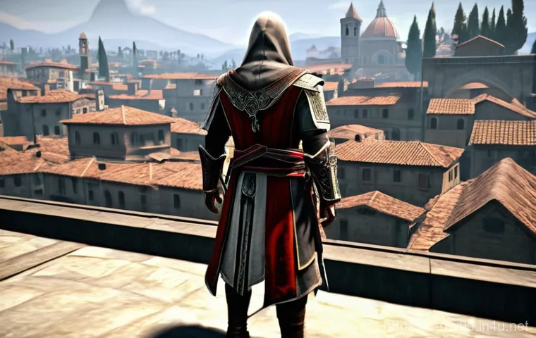 리버스 1999 최신 업데이트 내용 - **"Ezio Auditore in Reverse: 1999's distinctive art style, standing heroically on a rooftop overlook...