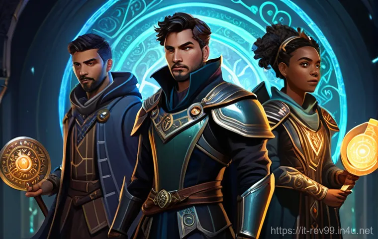 리버스 1999 최고의 길드 조언 - **Prompt:** A dynamic, stylized illustration of five diverse, fantasy-inspired characters, both male...