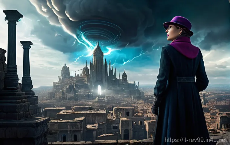 리버스 1999 PvE와 PvP 비교 - **Prompt 1: The Enigma of the Time Storm - PvE Adventure**
    "A lone female Timekeeper, appearing ...