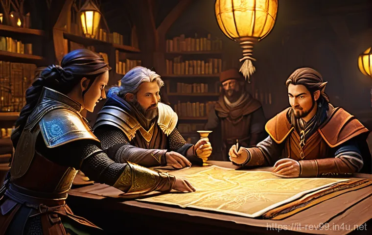 리버스 1999 길드 시스템 활용 - **Prompt 1: Guild Prosperity and Resource Abundance**
    "A vibrant and cozy guild hall interior, f...