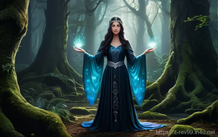 리버스 1999 캐릭터별 추천 장비 세팅 - A young female sorceress, approximately 18 years old, standing confidently in a mystical forest bath...