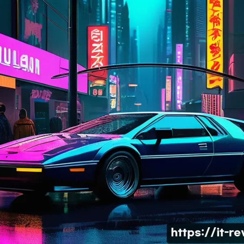 리버스 1999 세계관의 깊이 - A futuristic urban street scene blending 1990s retro aesthetics with advanced technology, featuring ...