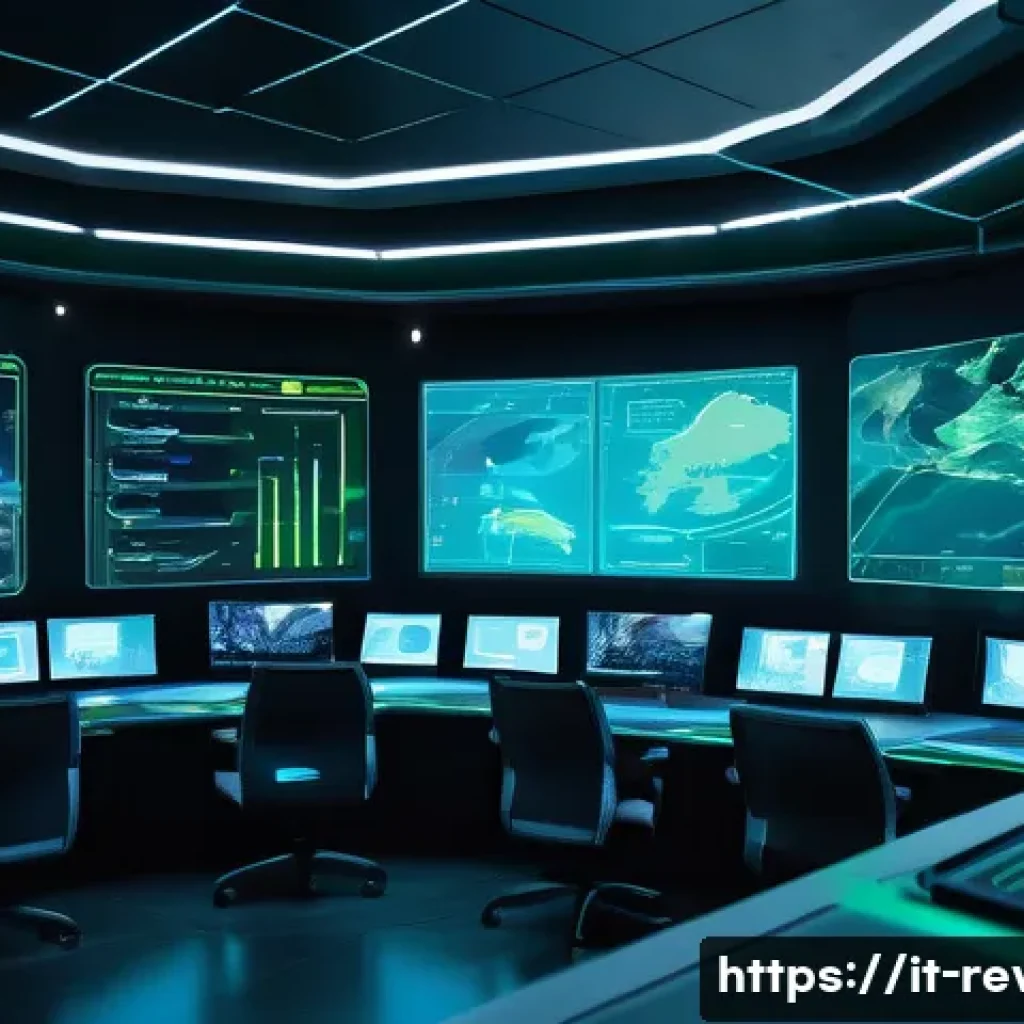 리버스 1999 장기적인 육성 전략 - A detailed futuristic strategy game command center, showcasing a large digital map with highlighted ...