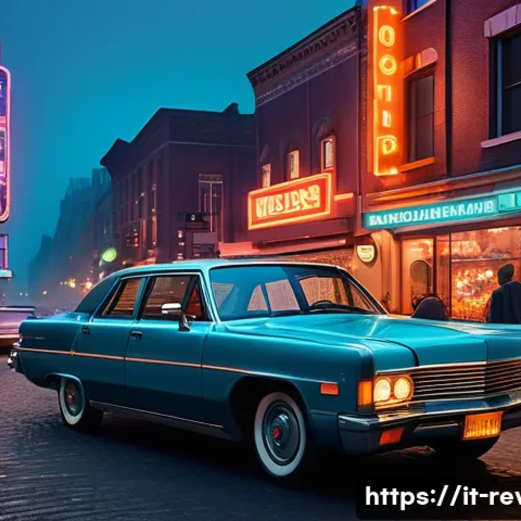 리버스 1999 설정 백과사전 - A bustling alternative 1990s city street blending vintage and futuristic elements: neon signs with r...