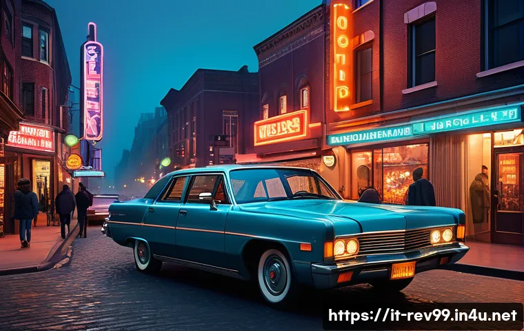 리버스 1999 설정 백과사전 - A bustling alternative 1990s city street blending vintage and futuristic elements: neon signs with r...