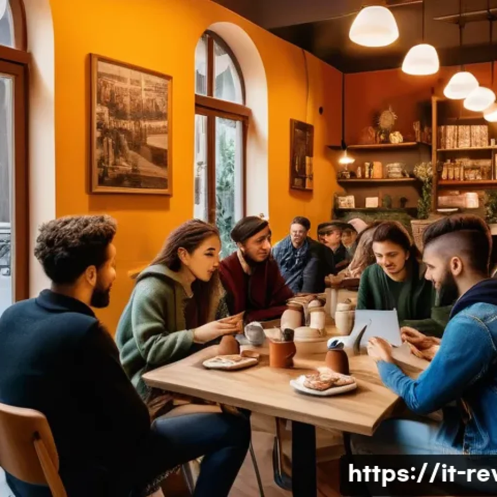 리버스 1999 팬 커뮤니티에서의 활동 - A vibrant online fan community gathering in a cozy, modern Italian caf&eacute; setting with diverse young a...