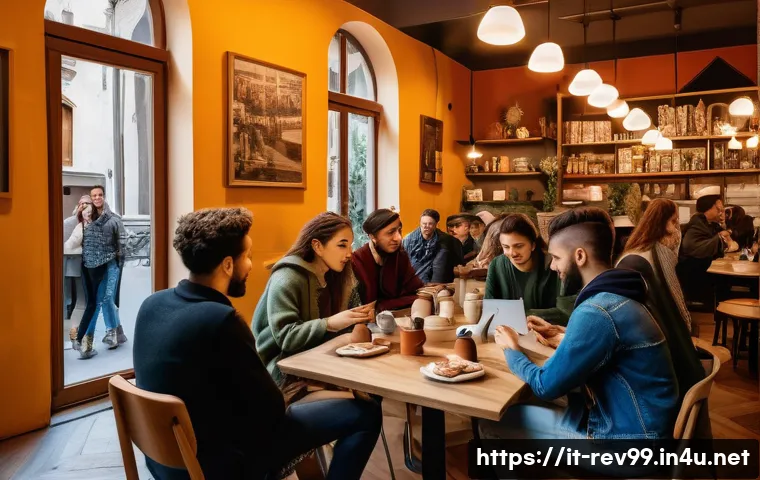 리버스 1999 팬 커뮤니티에서의 활동 - A vibrant online fan community gathering in a cozy, modern Italian café setting with diverse young a...