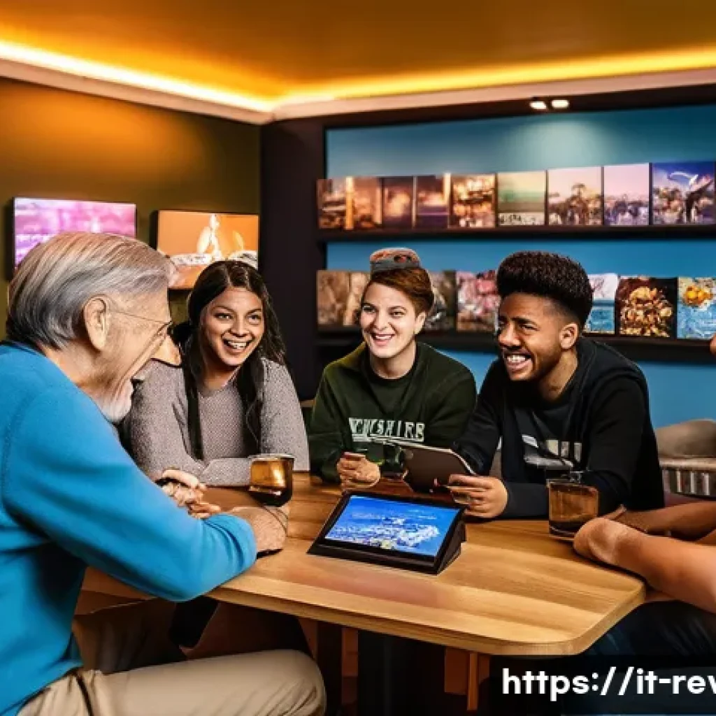 리버스 1999 팬 커뮤니티 트렌드 - A vibrant, intergenerational community gathering in a cozy, modern gaming caf&eacute; in Rome, Italy, featu...