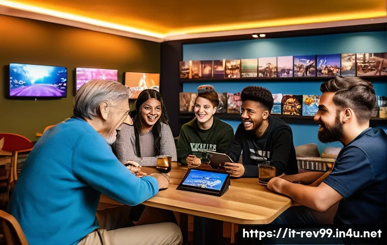 리버스 1999 팬 커뮤니티 트렌드 - A vibrant, intergenerational community gathering in a cozy, modern gaming caf&eacute; in Rome, Italy, featu...