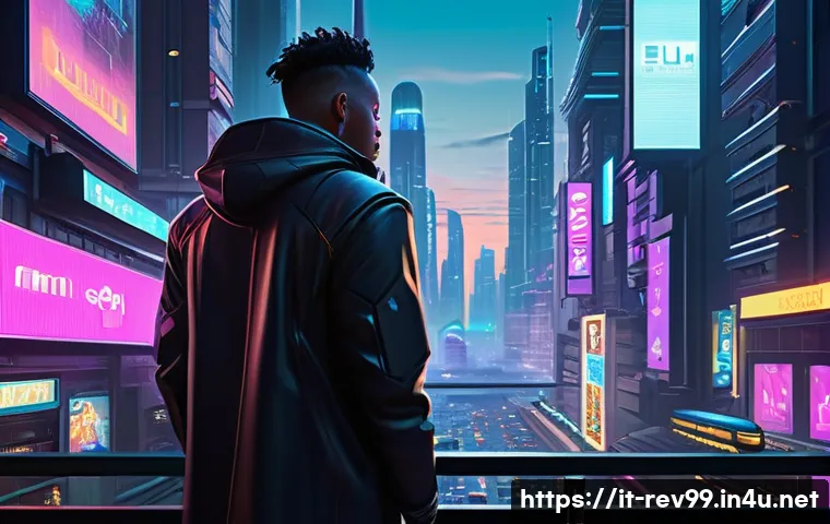 리버스 1999 유저 추천 스토리 콘텐츠 - A futuristic dystopian cityscape at dusk, with neon-lit skyscrapers and advanced technology visible ...