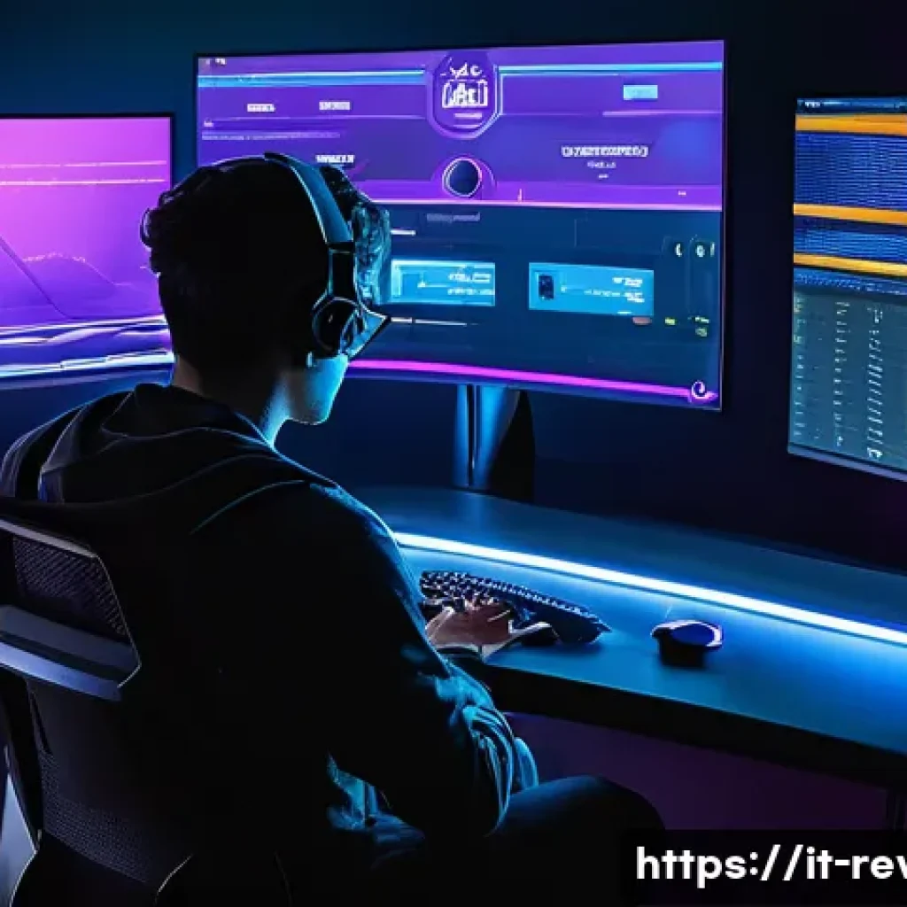 리버스 1999 확률형 아이템 가이드 - A vibrant digital gaming scene showing a player sitting at a modern gaming setup with multiple monit...