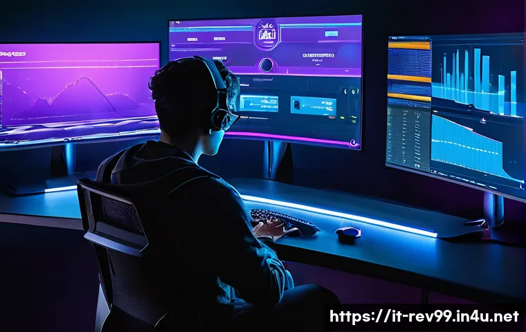 리버스 1999 확률형 아이템 가이드 - A vibrant digital gaming scene showing a player sitting at a modern gaming setup with multiple monit...