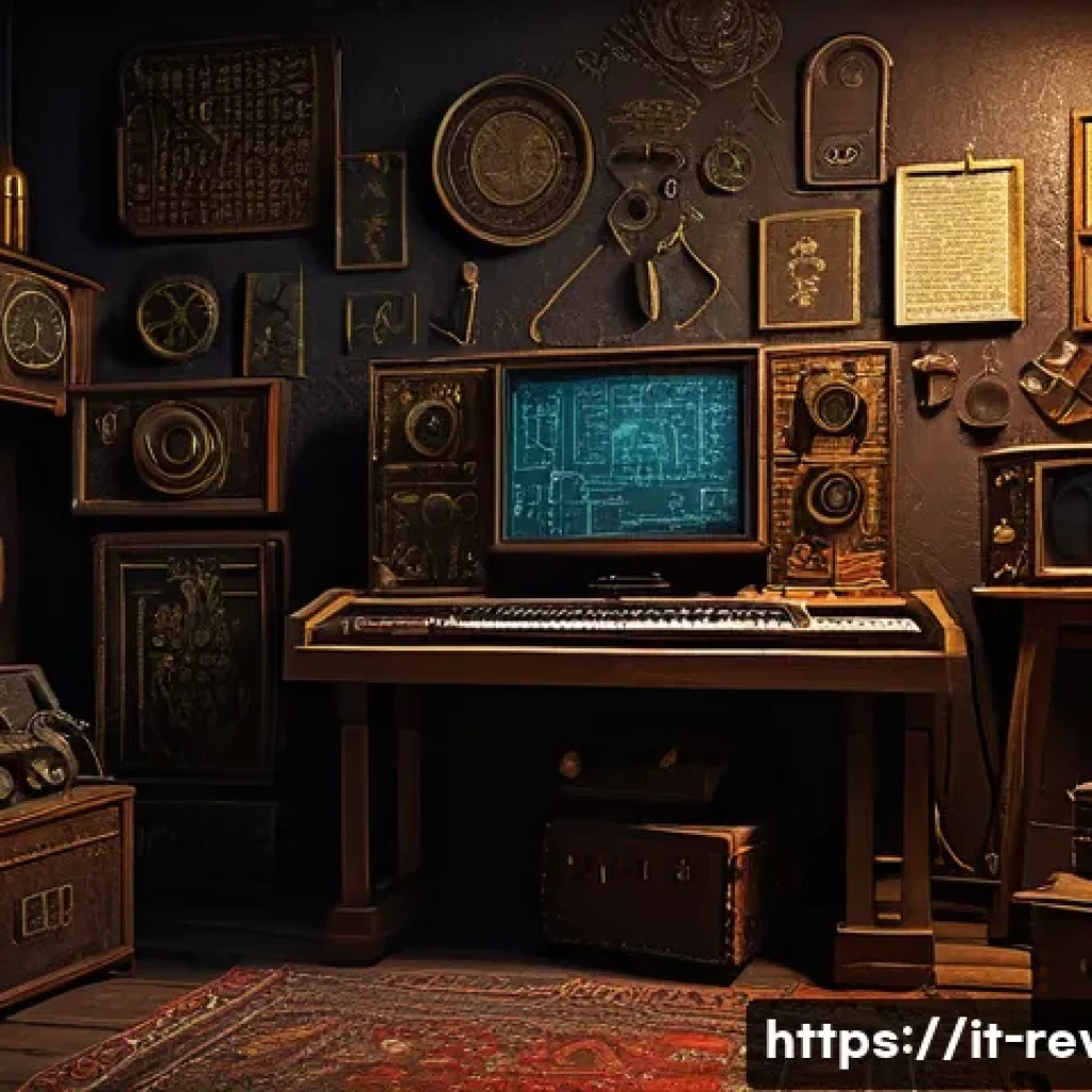 리버스 1999 이스터에그 찾기 - A mysterious, dimly lit virtual room filled with cryptic symbols and hidden messages painted subtly ...