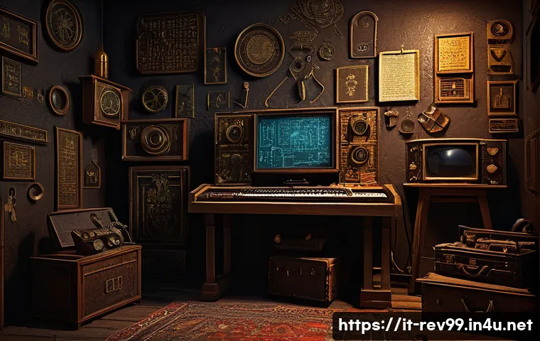 리버스 1999 이스터에그 찾기 - A mysterious, dimly lit virtual room filled with cryptic symbols and hidden messages painted subtly ...