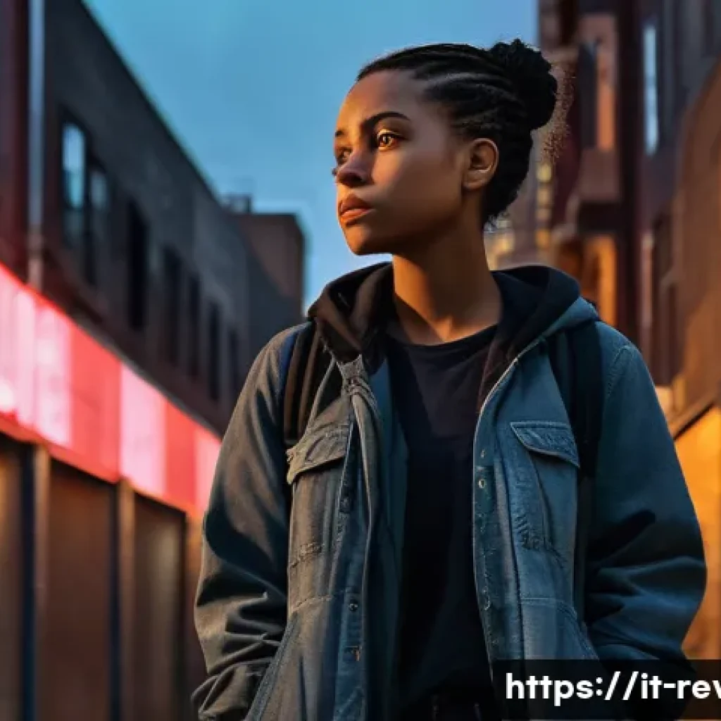 리버스 1999 커뮤니티 드라마 - A complex, introspective female protagonist standing in an urban environment at twilight, her expres...