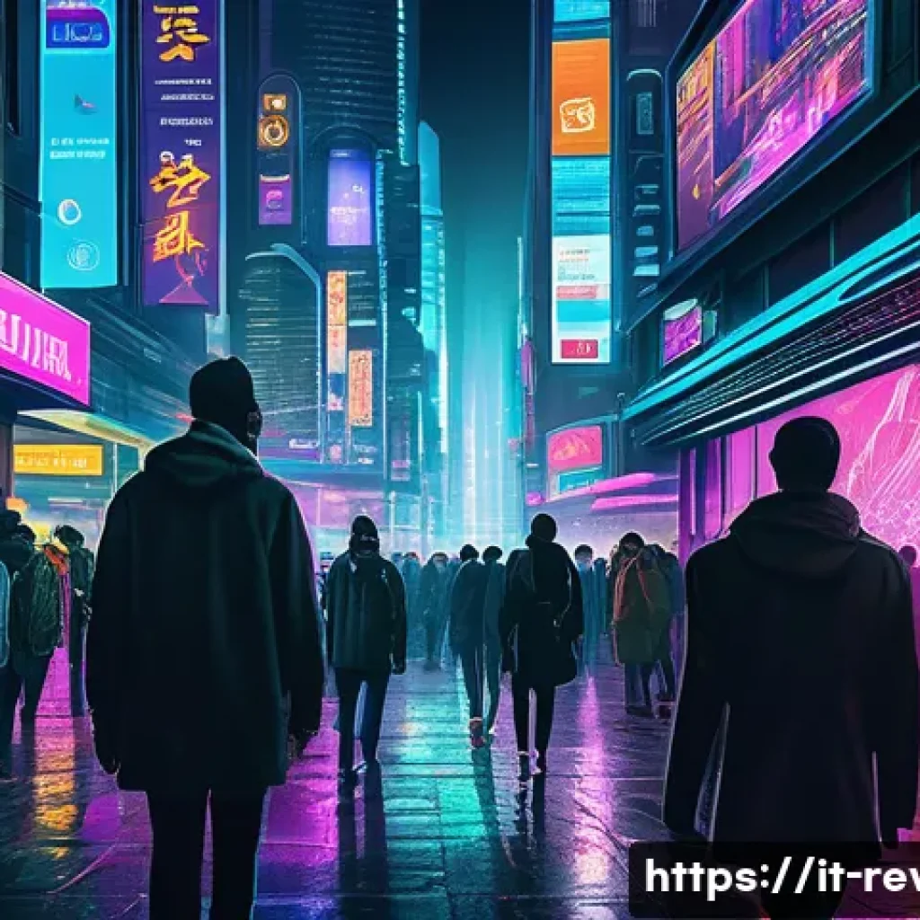 리버스 1999 스토리 확장 가능성 - A futuristic cyberpunk cityscape at night, illuminated by neon lights and holographic advertisements...