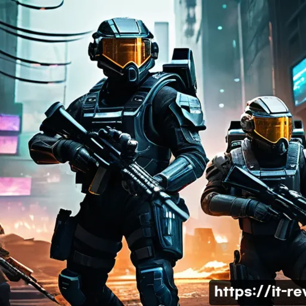 리버스 1999 공식 가이드북 다운로드 - A futuristic battlefield scene from Reverse:1999 showcasing a tactical team in detailed armor coordi...