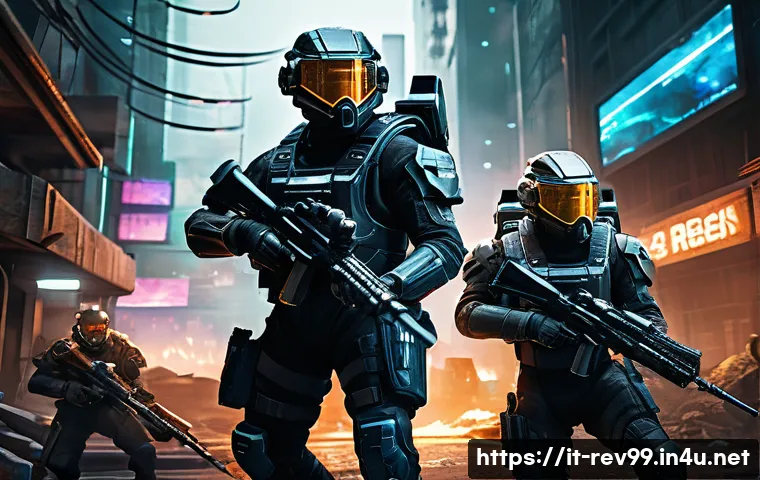 리버스 1999 공식 가이드북 다운로드 - A futuristic battlefield scene from Reverse:1999 showcasing a tactical team in detailed armor coordi...