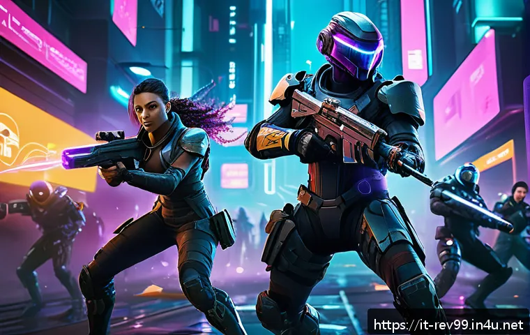 리버스 1999 초보자 레벨업 가이드 - A dynamic team battle scene from a futuristic cyberpunk game, featuring a diverse group of character...