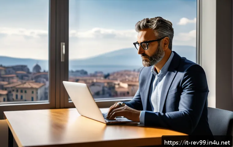 리버스 1999 계정 보안 강화 방법 - A modern Italian home office setting showcasing a middle-aged man enabling two-factor authentication...