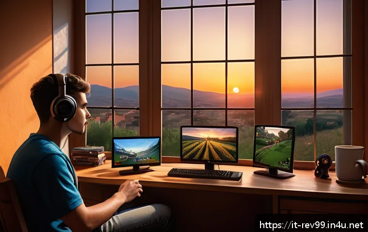 리버스 1999 커뮤니티 레벨 달성법 - A vibrant evening gaming scene set in a cozy Italian living room, featuring a young adult gamer focu...