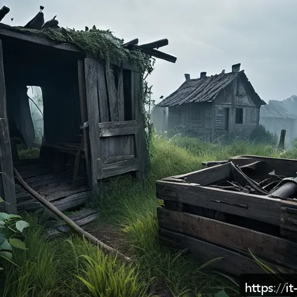 리버스 1999 필수 장비 수집처 - A detailed scene depicting an abandoned settlement at dusk, filled with overgrown vegetation and cru...