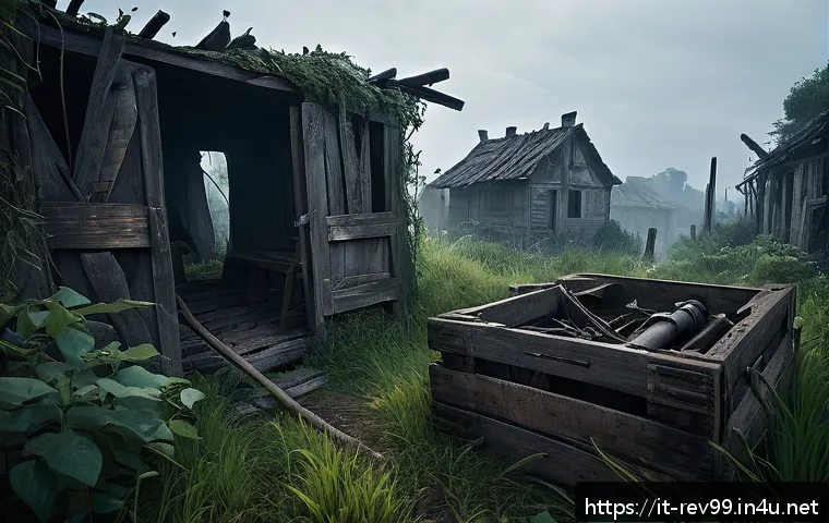 리버스 1999 필수 장비 수집처 - A detailed scene depicting an abandoned settlement at dusk, filled with overgrown vegetation and cru...