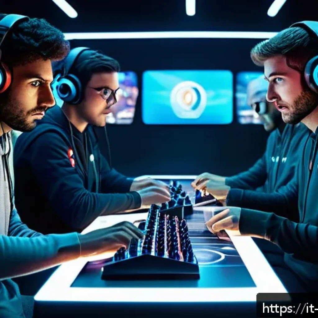 리버스 1999 게임 외부 도구 사용 - A futuristic gaming arena with a diverse group of Italian players intensely focused on their screens...