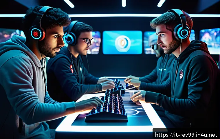 리버스 1999 게임 외부 도구 사용 - A futuristic gaming arena with a diverse group of Italian players intensely focused on their screens...
