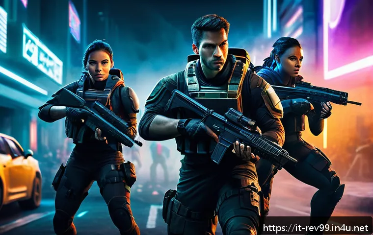 리버스 1999 게임 내 통계 - A tactical gaming scene featuring three distinct characters preparing for battle in a futuristic urb...