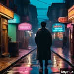 리버스 1999 비주얼 노벨 요소 분석 - A moody 1990s-inspired urban street scene at dusk, featuring neon signs and softly glowing street la...
