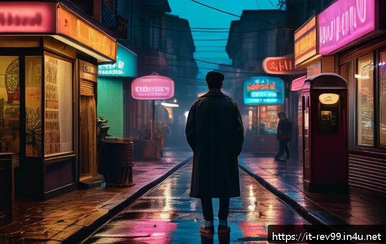 리버스 1999 비주얼 노벨 요소 분석 - A moody 1990s-inspired urban street scene at dusk, featuring neon signs and softly glowing street la...