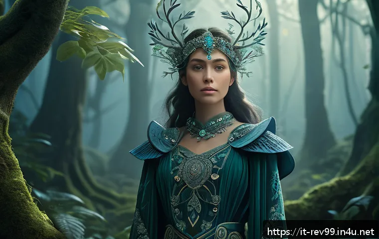 리버스 1999 공식 일러스트 모음 - A highly detailed digital fantasy illustration featuring a thoughtful female character in elaborate ...