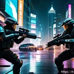 리버스 1999 신규 업데이트 사전 정보 - A futuristic urban combat scene showcasing a dynamic fight between armored soldiers with advanced we...