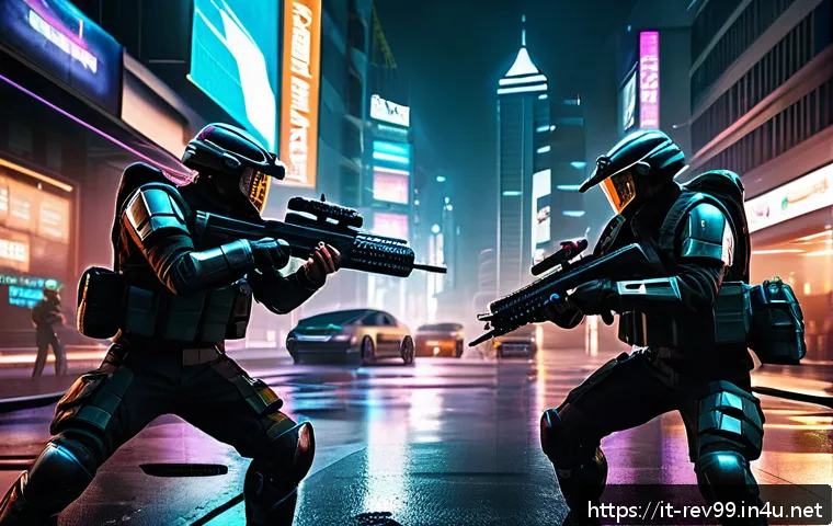 리버스 1999 신규 업데이트 사전 정보 - A futuristic urban combat scene showcasing a dynamic fight between armored soldiers with advanced we...