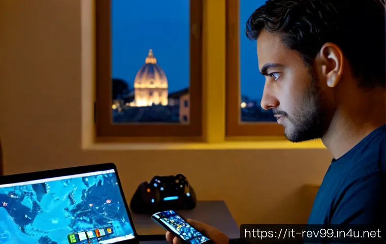 리버스 1999 글로벌 서버 연결 - Photorealistic Italian gamer at a tidy apartment desk in Rome at dusk, connecting a smartphone to a ...
